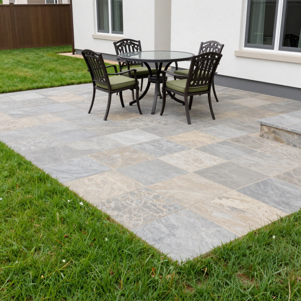 Patio with a round table and four chairs on a stone terrace beside a lawn and house exterior