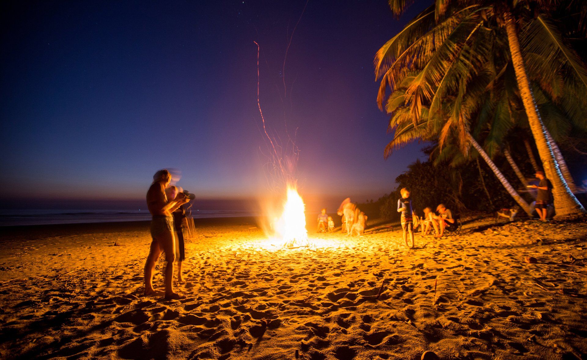 A group of people are standing around a fire on the beach at night.