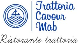 Logo blu “Trattoria Cavour Mab” con icona circolare di una barca a vela e scritta “Ristorante trattoria”.