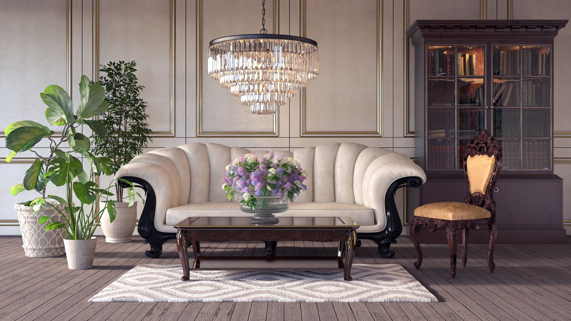 A living room with a couch , coffee table , chair and chandelier.