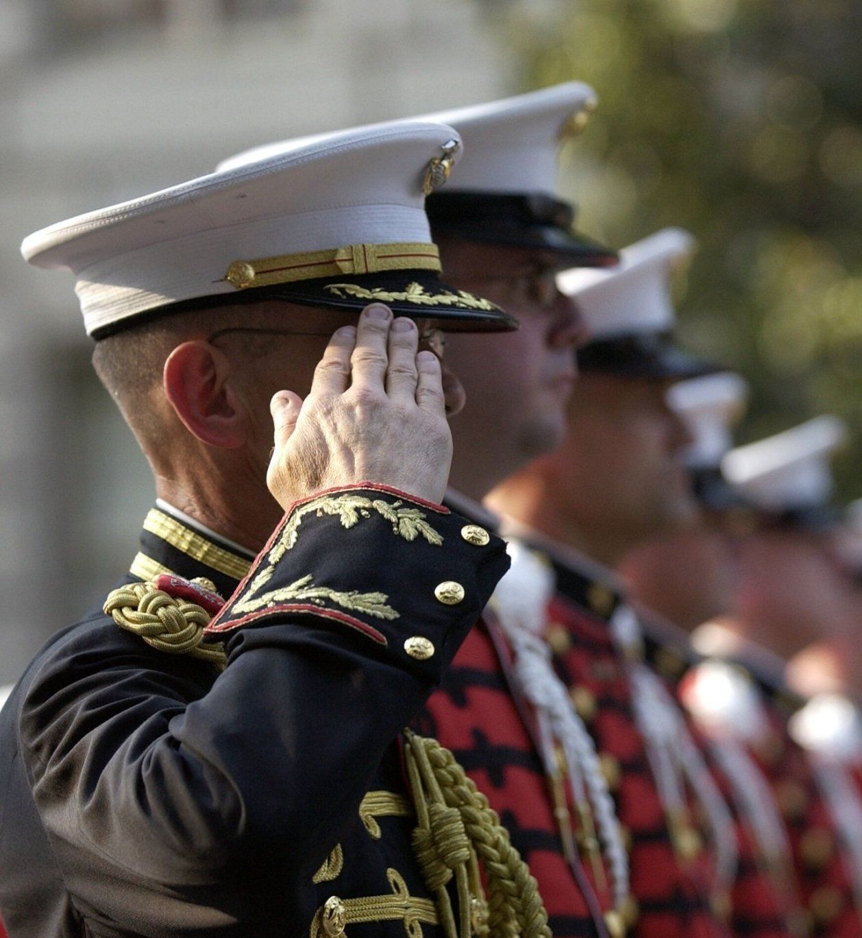 A group of men in military uniforms salute in a line