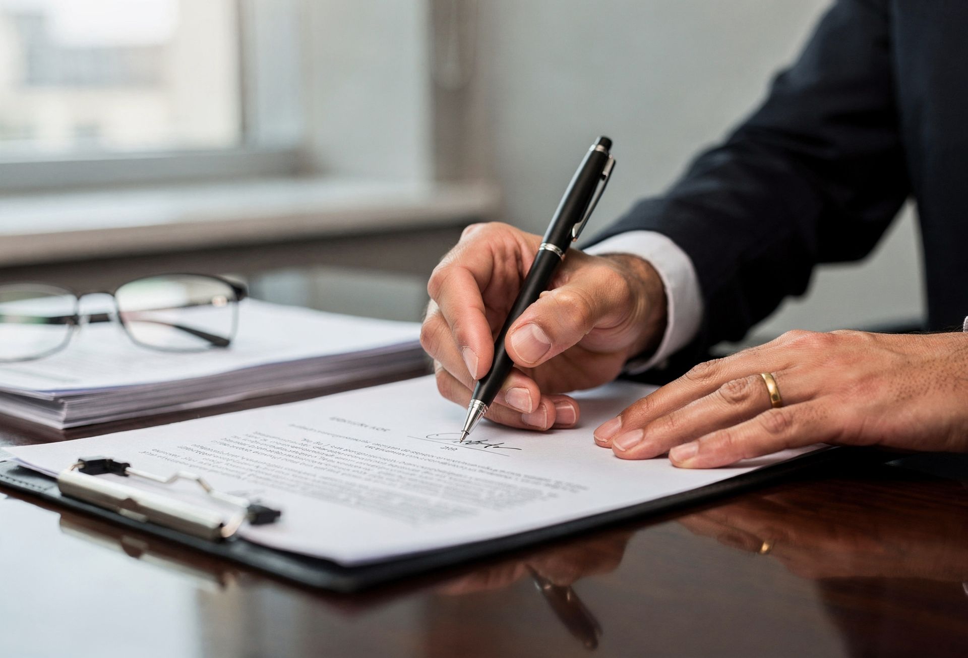 Hands signing a document on a clipboard at a desk with glasses nearby.