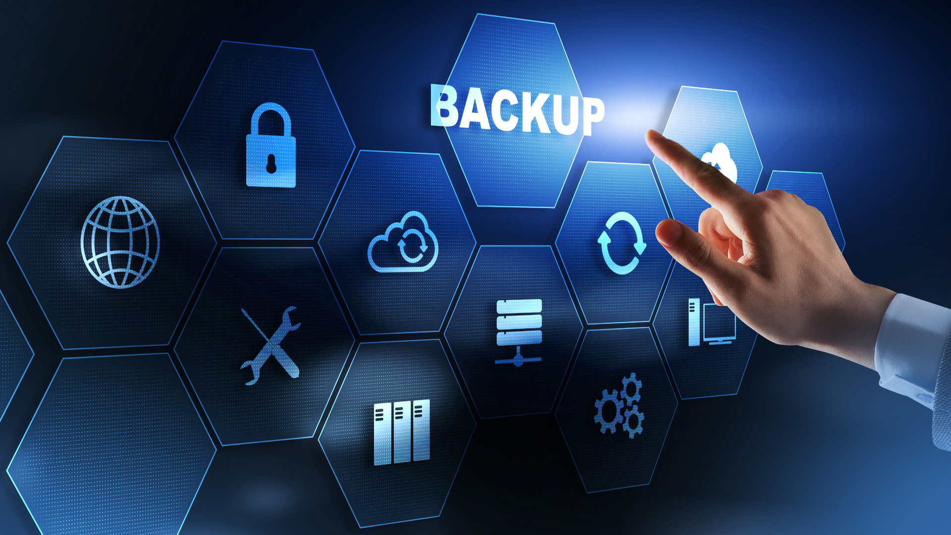 A hand is pointing at a screen that says backup