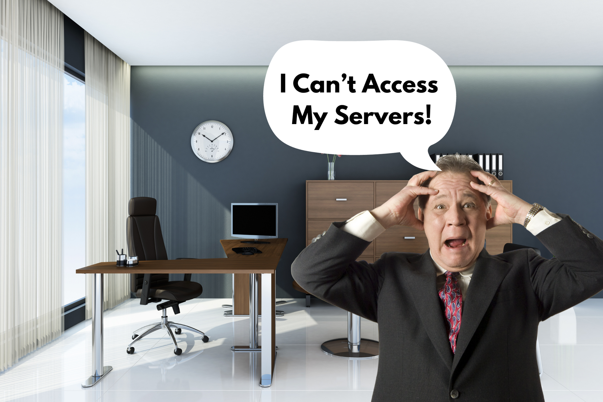 A man in a suit and tie is standing in front of a speech bubble that says i can 't access my servers