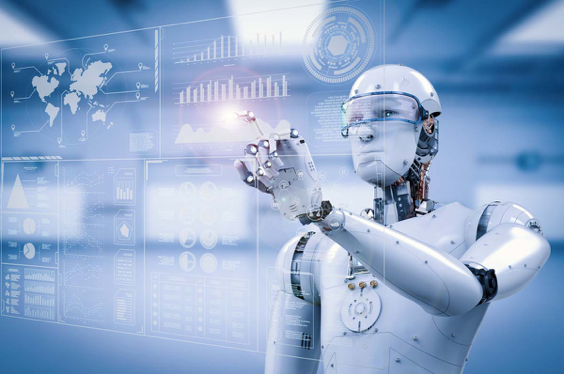 A robot is using a virtual screen in a room.