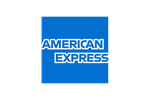 The american express logo is blue and white on a white background.