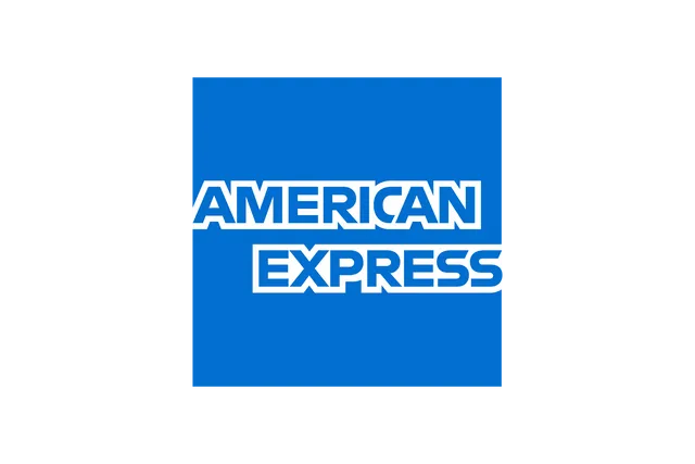 The american express logo is blue and white on a white background.