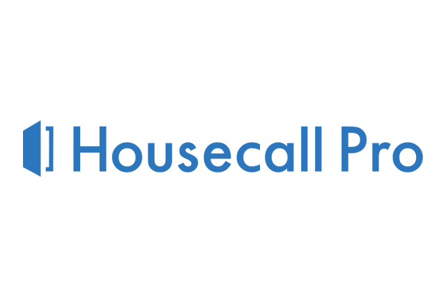 A blue logo for housecall pro on a white background.