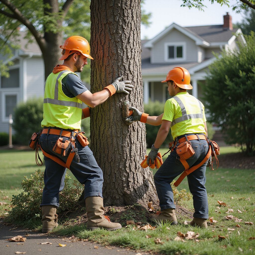 Two tree service workers in safety gear examine a tree trunk in a suburban yard.