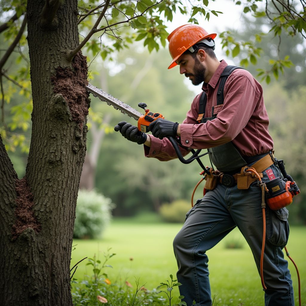 Arborist in Redlands, wearing a hard hat using a chainsaw to cut a tree in a grassy yard.