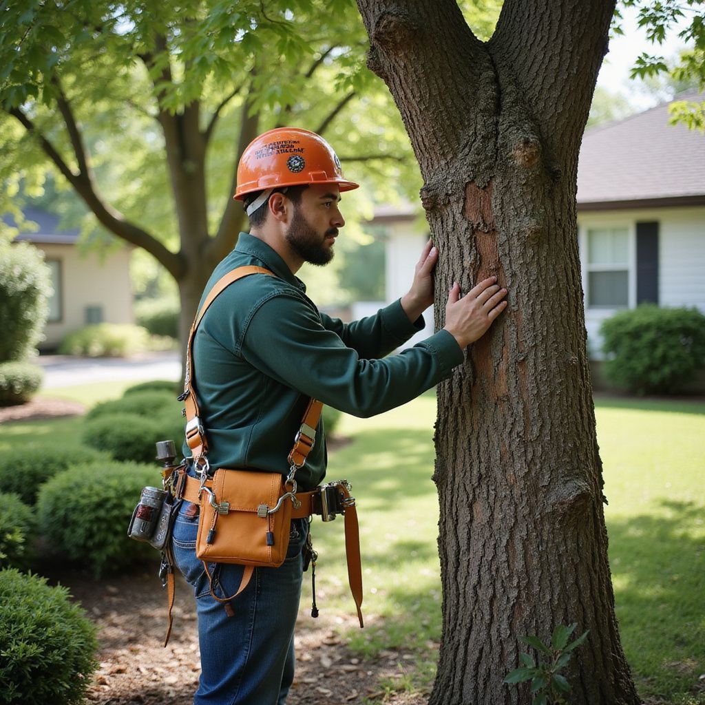 Arborist in hard hat examining a tree trunk in a yard, outdoors.