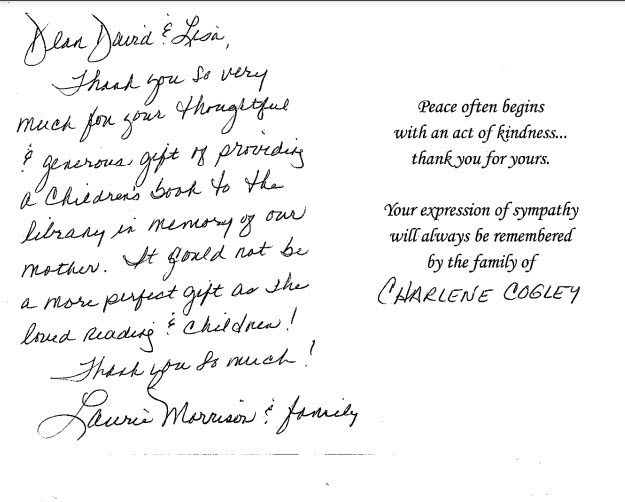 Handwritten note on white paper, with a typed quote on the right, signed at the bottom.