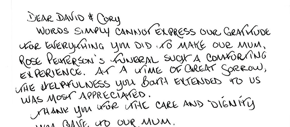 Handwritten note on white paper expressing appreciation for caring and meaningful support