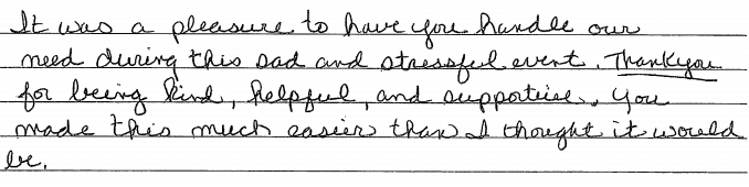 Handwritten note on lined paper, blue ink, mentioning a “pleasant” experience and “our support” with crossed-out words.