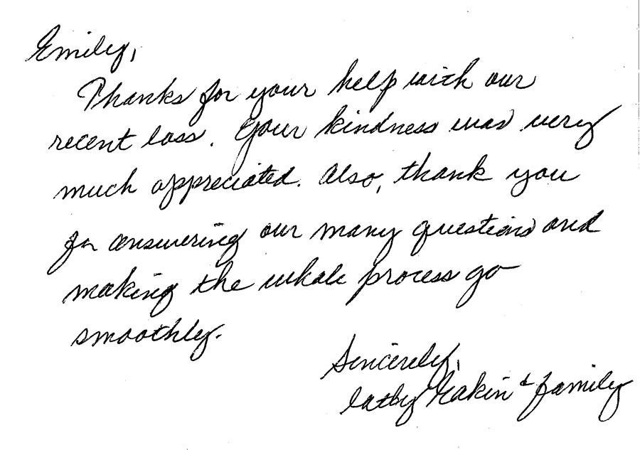 Handwritten thank-you note signed “Sincerely, Kelly Austin family.”
