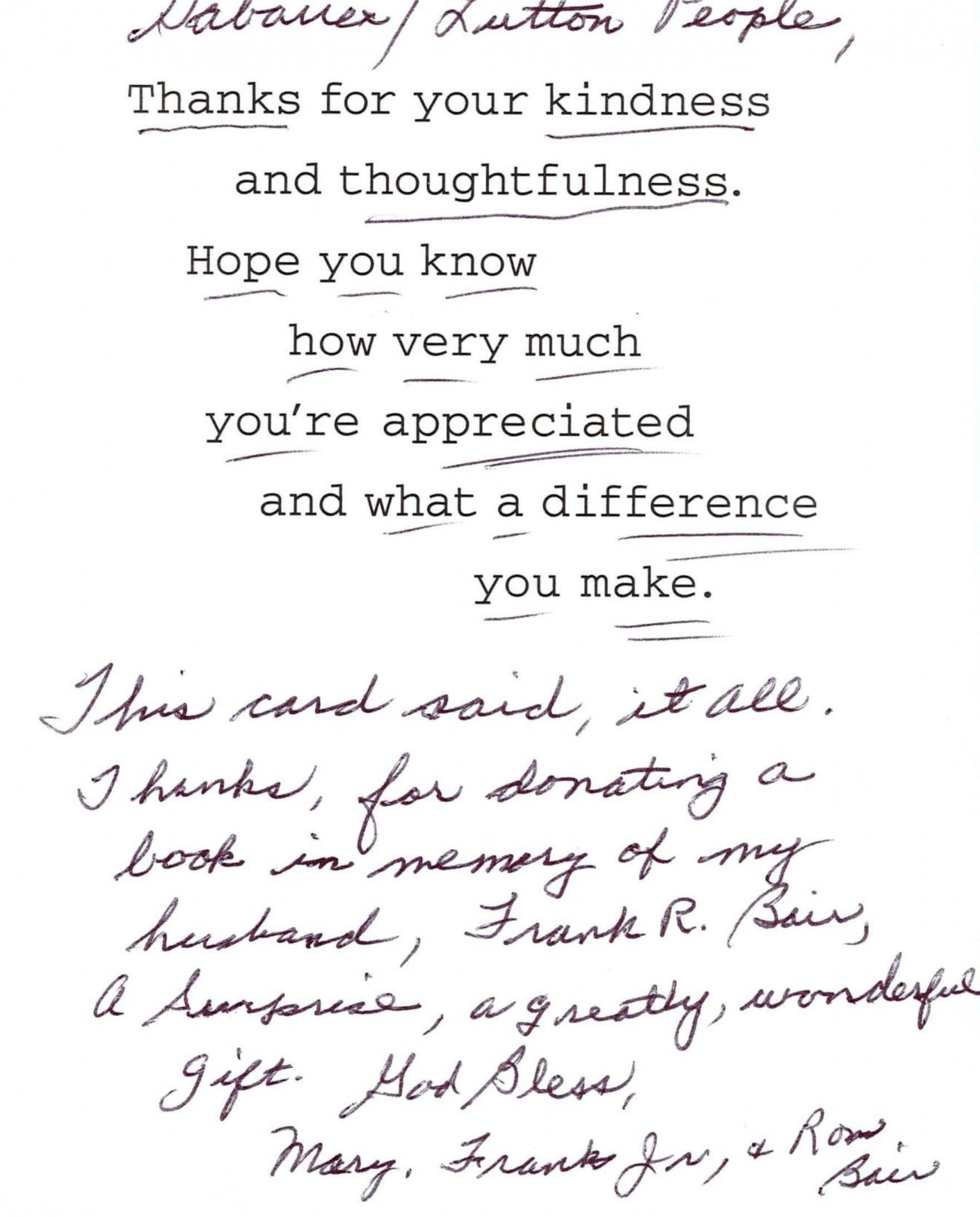 Handwritten thank-you note on white paper, with cursive black and blue ink text.