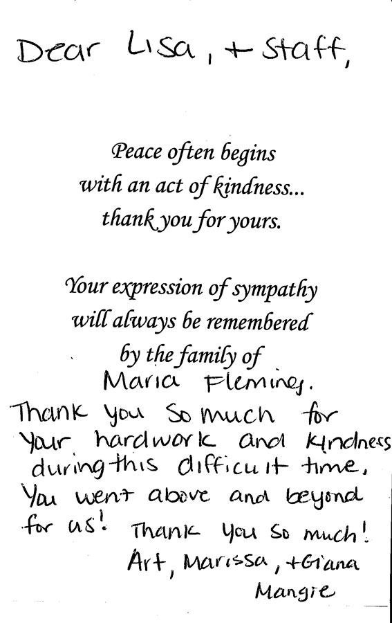 Handwritten thank-you note on white paper, signed by family, expressing gratitude for kindness and sympathy.