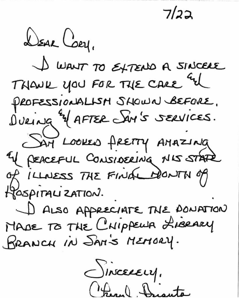 Handwritten thank-you note dated 7/22, praising care and support during a difficult time.