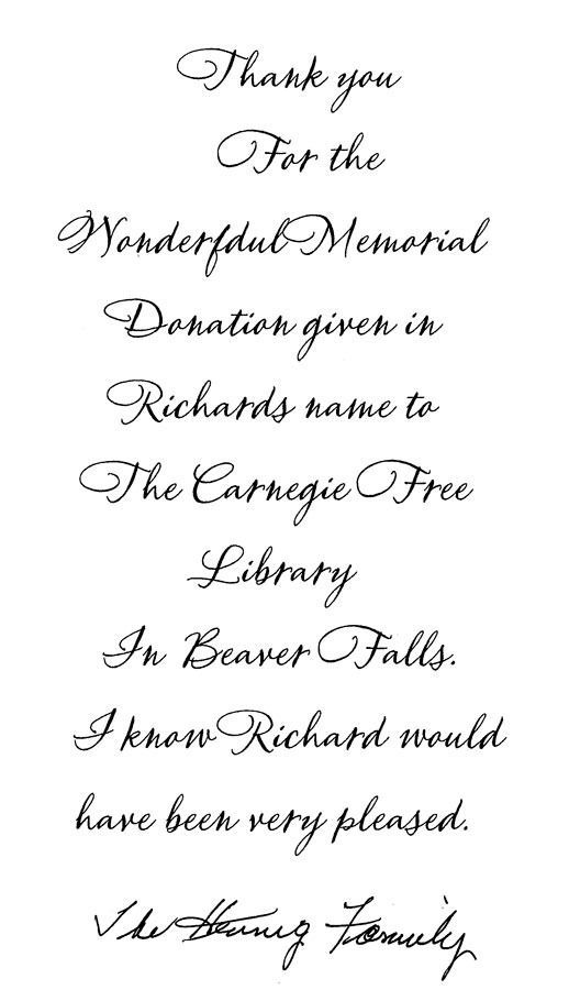 Handwritten thank-you note on white paper for a Memorial Donation given in Richard’s name to The Kennedy Tree, February, Beaver Falls