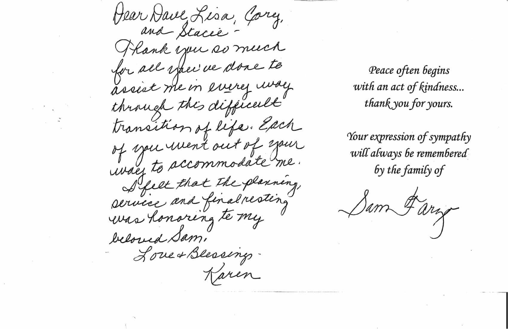Handwritten letter on white paper with a signed note and quote on the right.