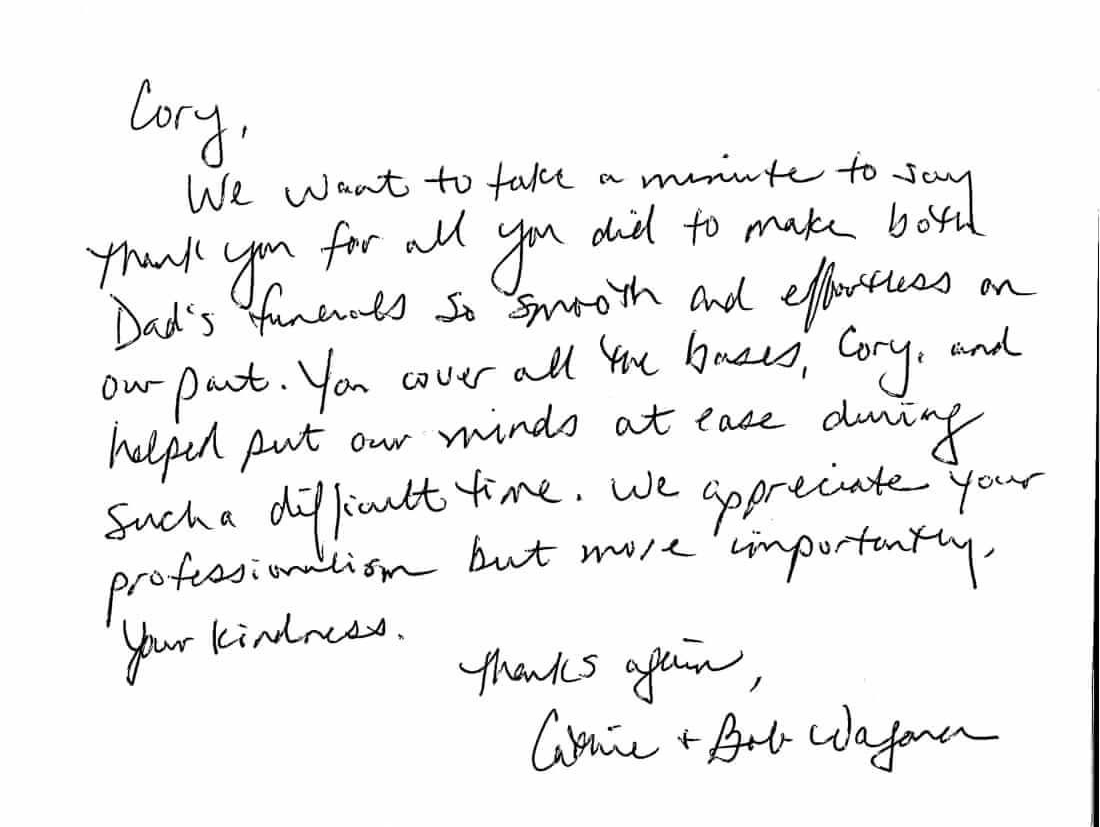 Handwritten thank-you note on lined paper, signed “Olivia and Adrian.”