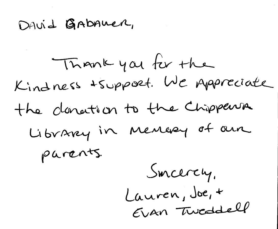 Handwritten thank-you note for a donation to the Chipperfield library in memory of the parents.