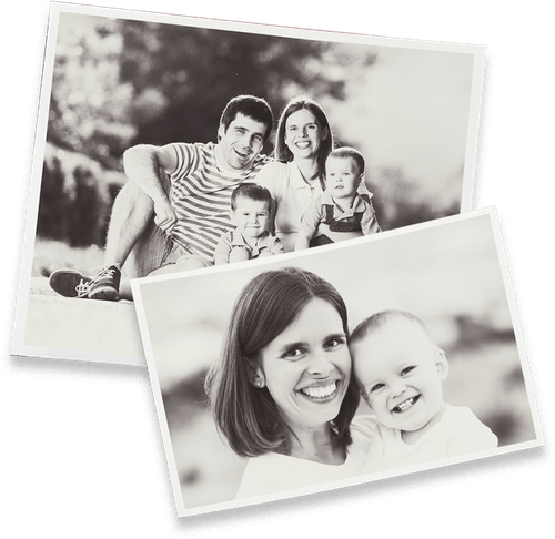 Two overlapping black-and-white family portraits with smiling people posing together