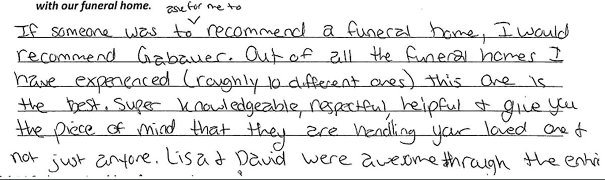 Handwritten black-ink notes on white paper, with several crossed-out words and a final line about a fire escape.
