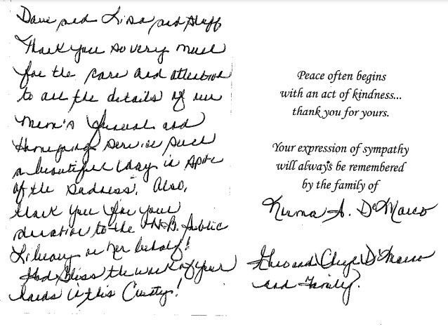 Black-and-white handwritten condolence note beside a printed sympathy message and signature.