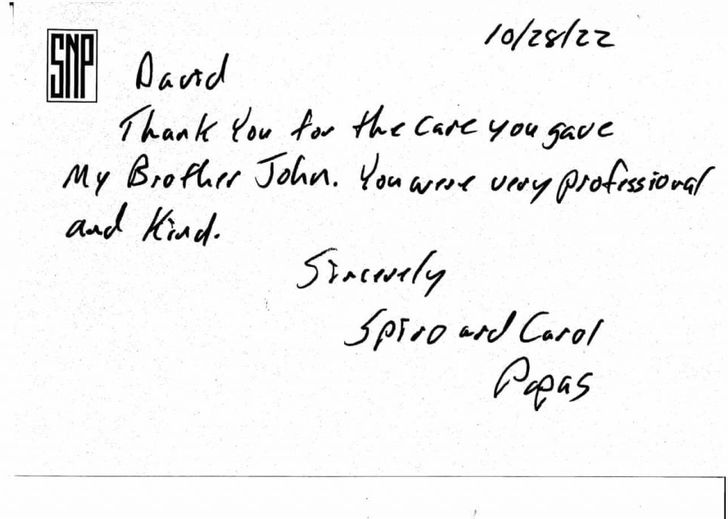 Handwritten thank-you note signed by Carol and Steve Papas, dated 10/28/22.