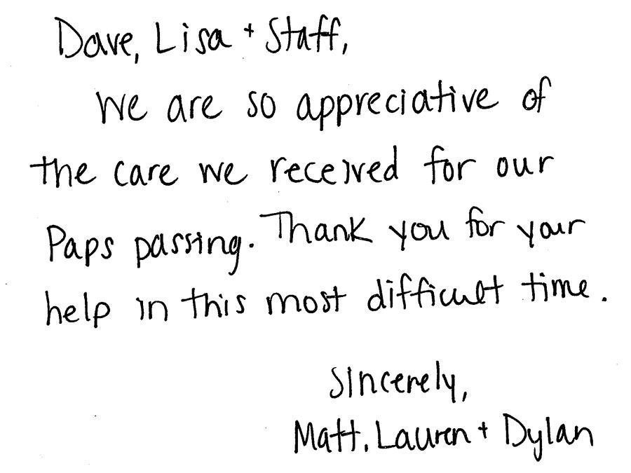 Handwritten thank-you note thanking Dave, Lisa, and staff for care during a father’s passing.
