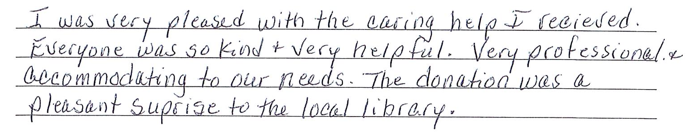 Handwritten note on lined paper requesting a passed book about their life for the local library.