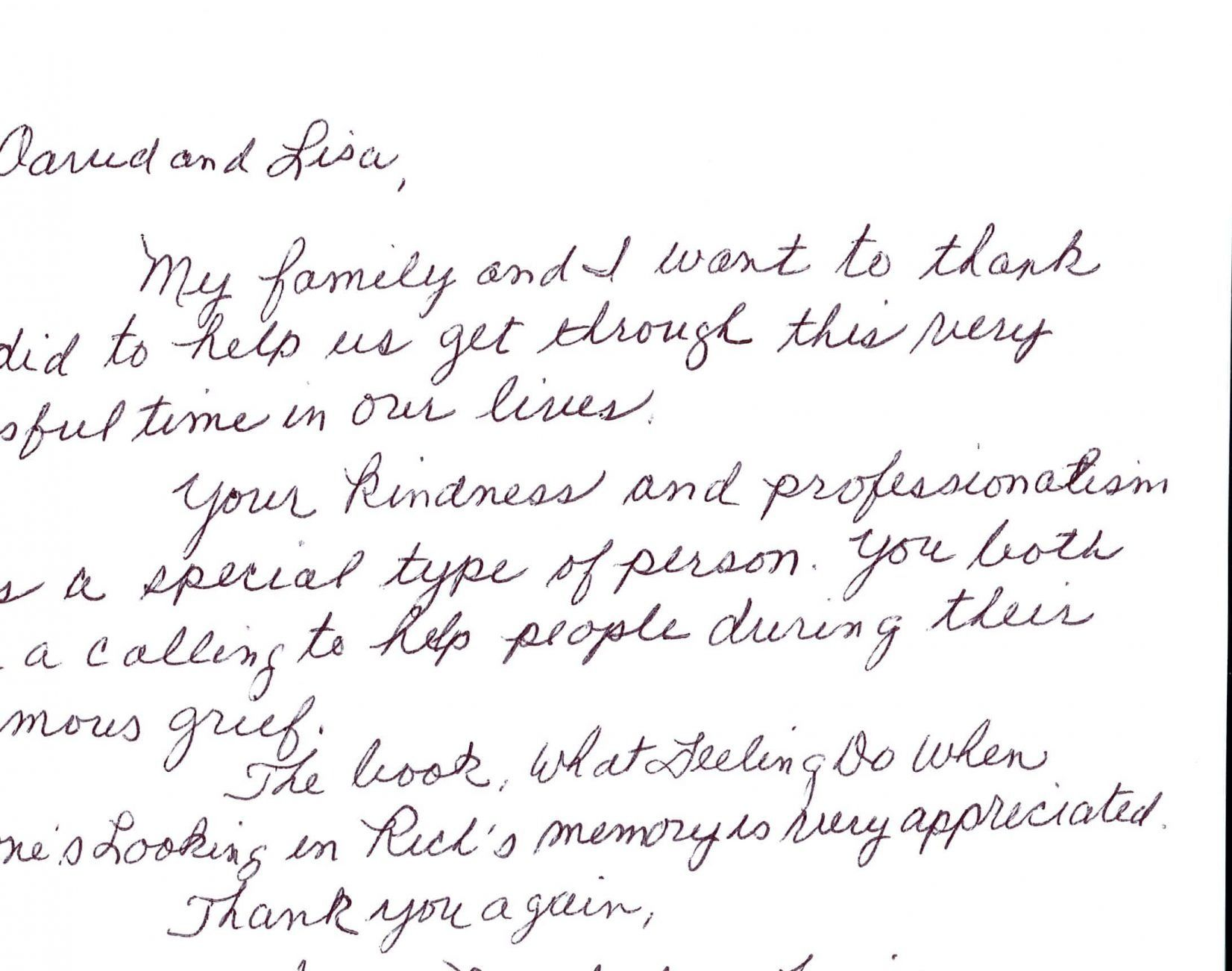 Handwritten thank-you note on lined paper with cursive blue ink.