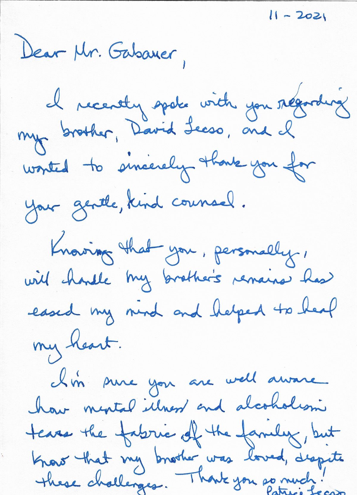 Handwritten note on lined paper dated 11-2021, signed “your daughter, K…”