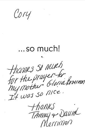Handwritten thank-you note signed by Tammy and David Merritt, with “...so much!” and “It was so nice.”