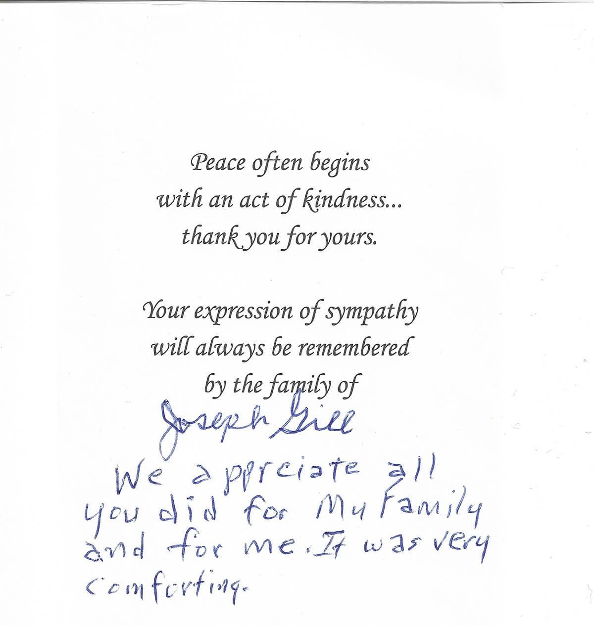 Handwritten thank-you note on white paper, signed “Joseph Lille,” with blue pen message below.