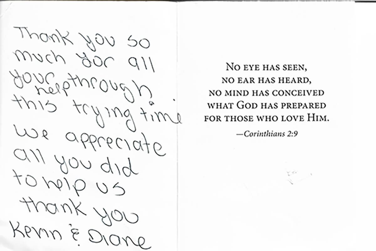 Handwritten thank-you note beside a Bible verse quote on a white background