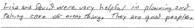 Handwritten note on lined paper, mentioning Lisa and Paul and saying they are good people.