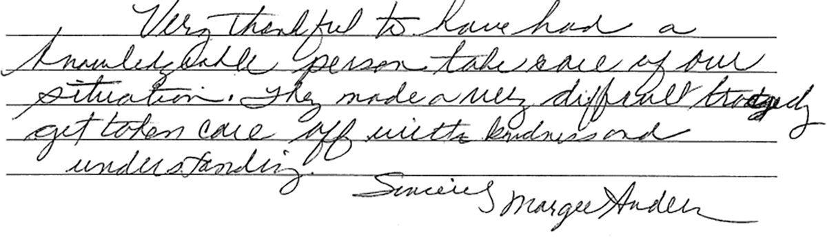 Handwritten cursive note on lined paper with several crossed-out words and a signature at the bottom