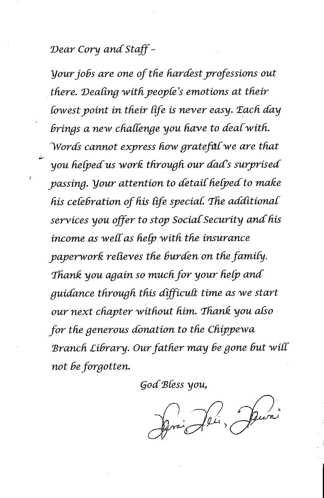 Handwritten letter on white paper with dark text and a cursive signature at the bottom.
