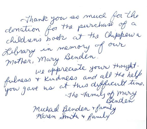 Handwritten thank-you note for a children's book donation to a library, signed by the Nancy Bender family