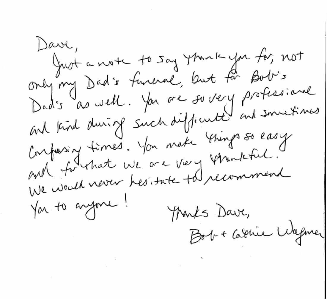 Handwritten thank-you note on white paper, signed “Thanks Dave” and another signature at bottom right