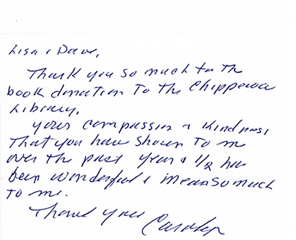 Handwritten thank-you note on white paper signed “Carter.”