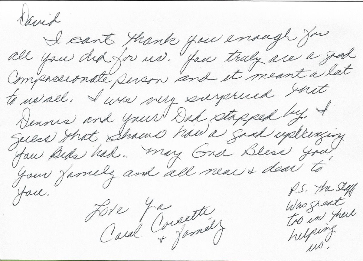 Handwritten cursive note on lined paper, signed at bottom, with a small handwritten side note.