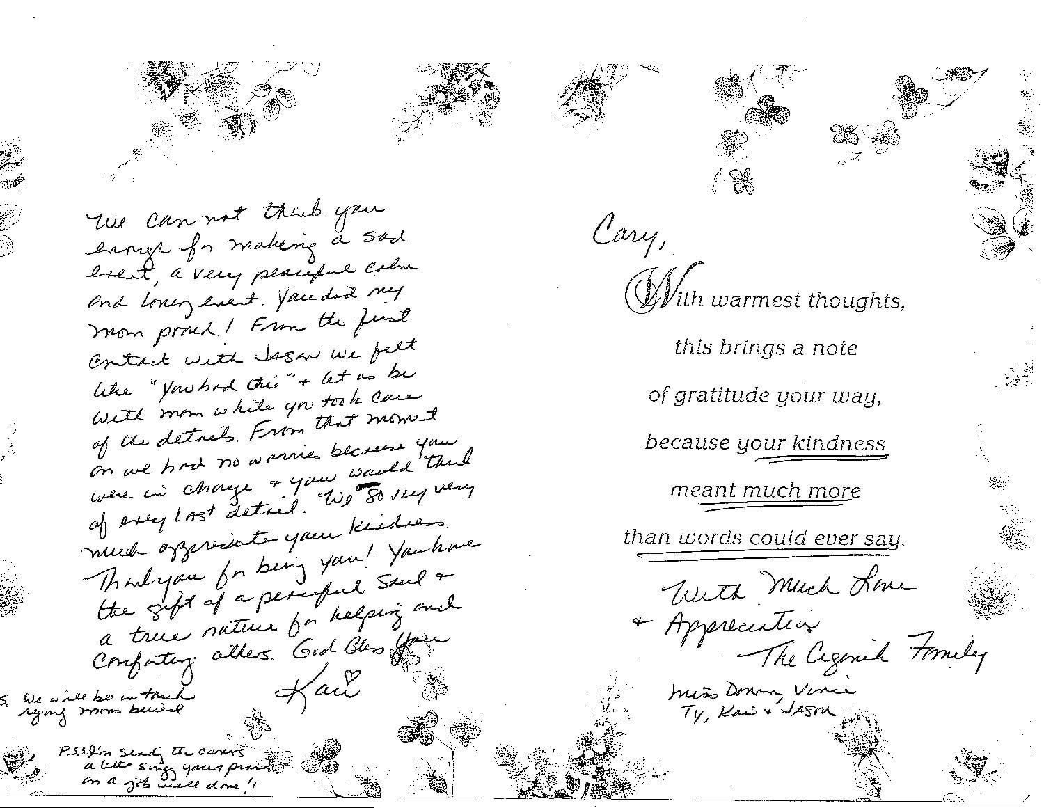 Handwritten letter with decorative floral border and centered printed text on a white page