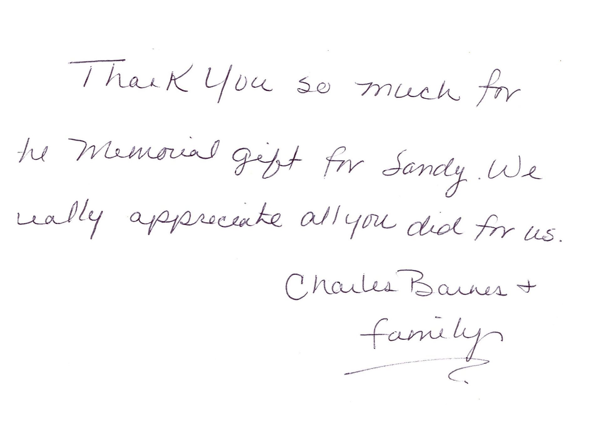Handwritten thank-you note expressing appreciation for a gift, signed Charlie Barrows + family