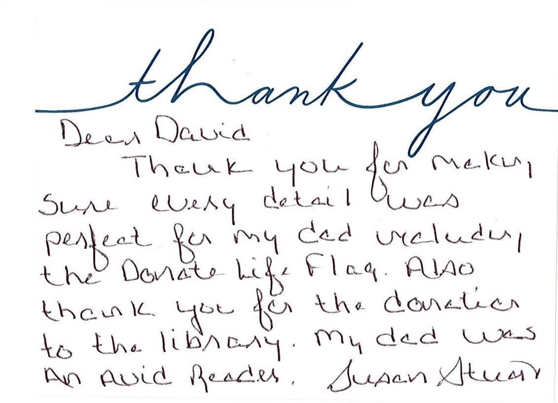 Handwritten thank-you note signed 