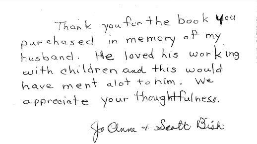 Handwritten thank-you note for purchasing a book in memory of the writer’s husband, signed at the bottom