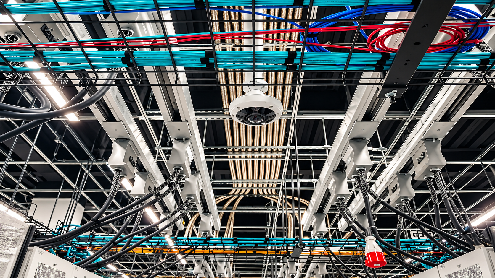Color-coded electrical wires connected to terminal blocks, with a translucent cable sleeve.