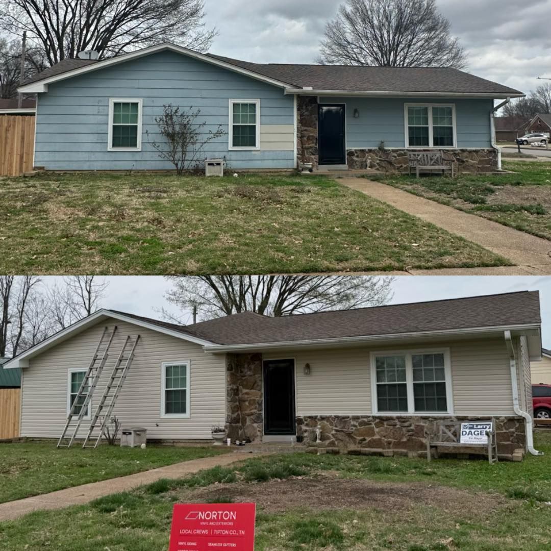 Two photos of a single-story house with blue siding, stone facade, front porch, and a sloped lawn.